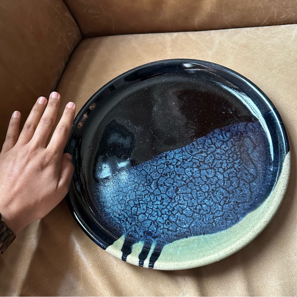 Vintage MCM studio pottery handmade art ceramic blue black speckle glaze dine - Picture 4 of 7